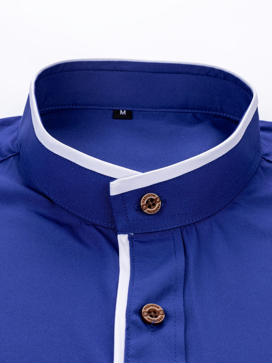 Men'S Short-Sleeved Shirt, Henley Collar/Stand-Up Collar Design, Placket Splicing Contrast Color Design - Royal Blue