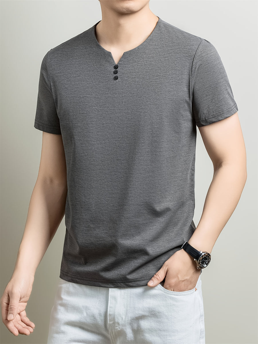 [Qiaoximei OBM] Collarless Men'S Top, Summer New Men'S Collarless Henley Shirt, Fake Button Decoration, Men'S Easy Wear, Suitable for Casual Outings And All-Match Style, Men'S Gift - Dark Gray