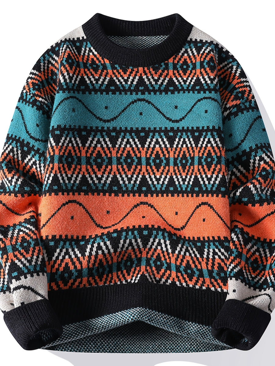 Fashion Round Neck Jacquard Sweater for Men And Teenagers, Autumn/Winter Color-Block Striped Casual Pullover Knit - Tangerine