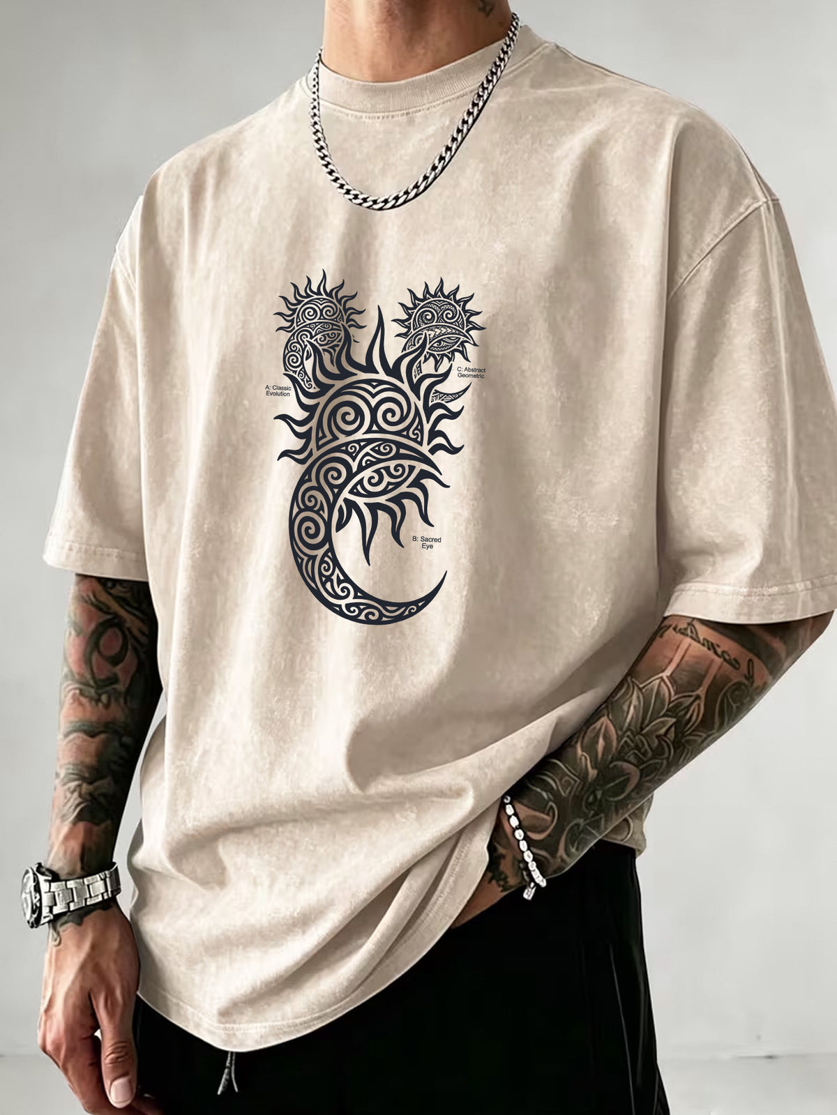 Washed Distressed Short Sleeve Loose Top, Tribal Totem Sun Vortex Trendy Print, Multi-Color Casual Matching, American Street Hip-Hop High Street Style, Daily Outing Commute Sports Fitness Couple Statement Versatile T-Shirt - Apricot