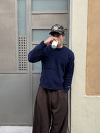 OBM Men's American-Style Navy Blue Crew Neck Single Pocket Knit Sweater, Autumn Daily Simple Relaxed Style Drop Shoulder Long Sleeve Loose Fit Casual Pullover Top - Navy Color