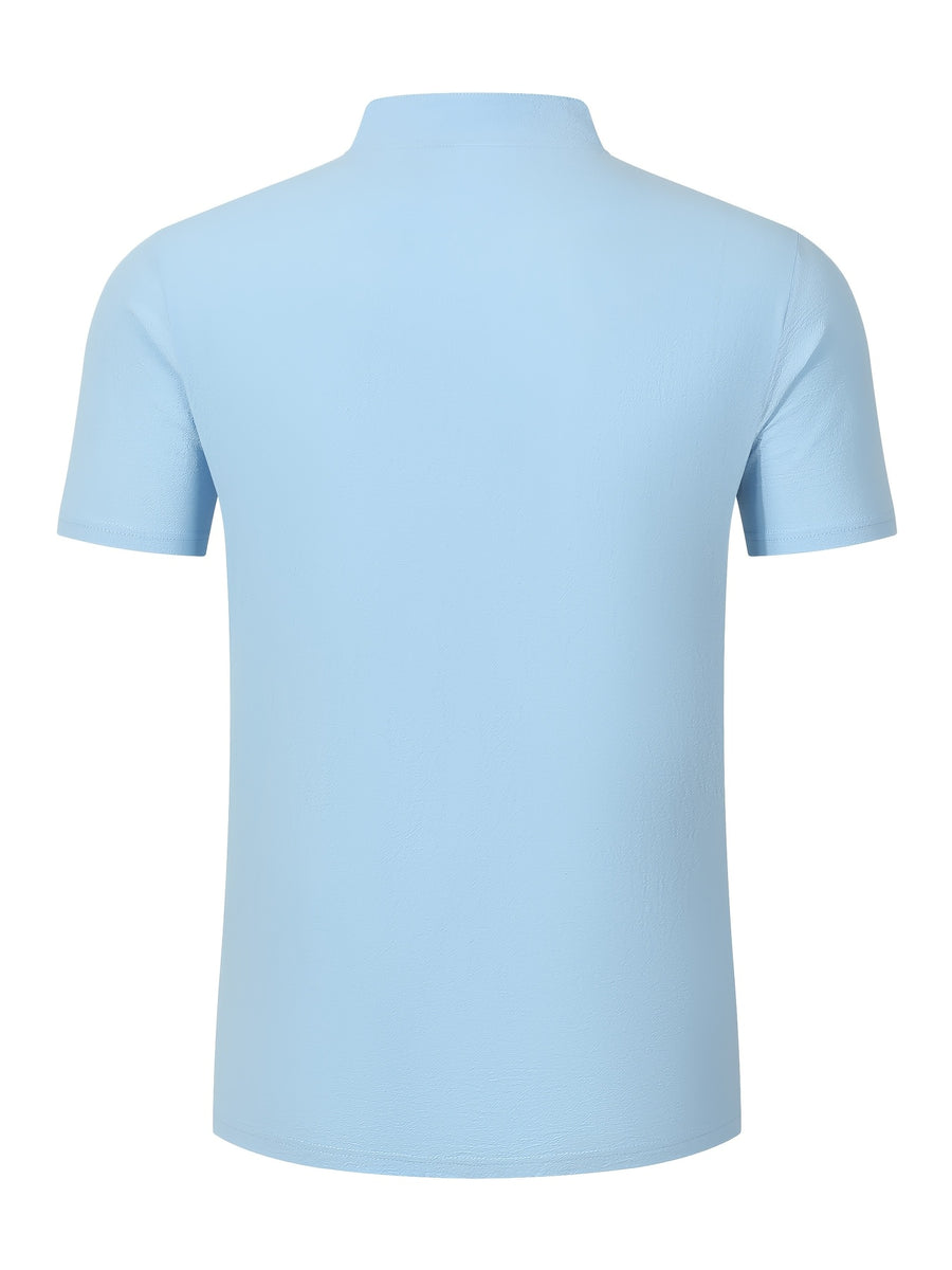 New Men's Cotton-Cotton And Linen Blend Blend Stand Collar Henley Short Sleeve T-Shirt, Half-Open Placket Button Casual Breathable Lightweight Summer Beach Top - Sky Blue