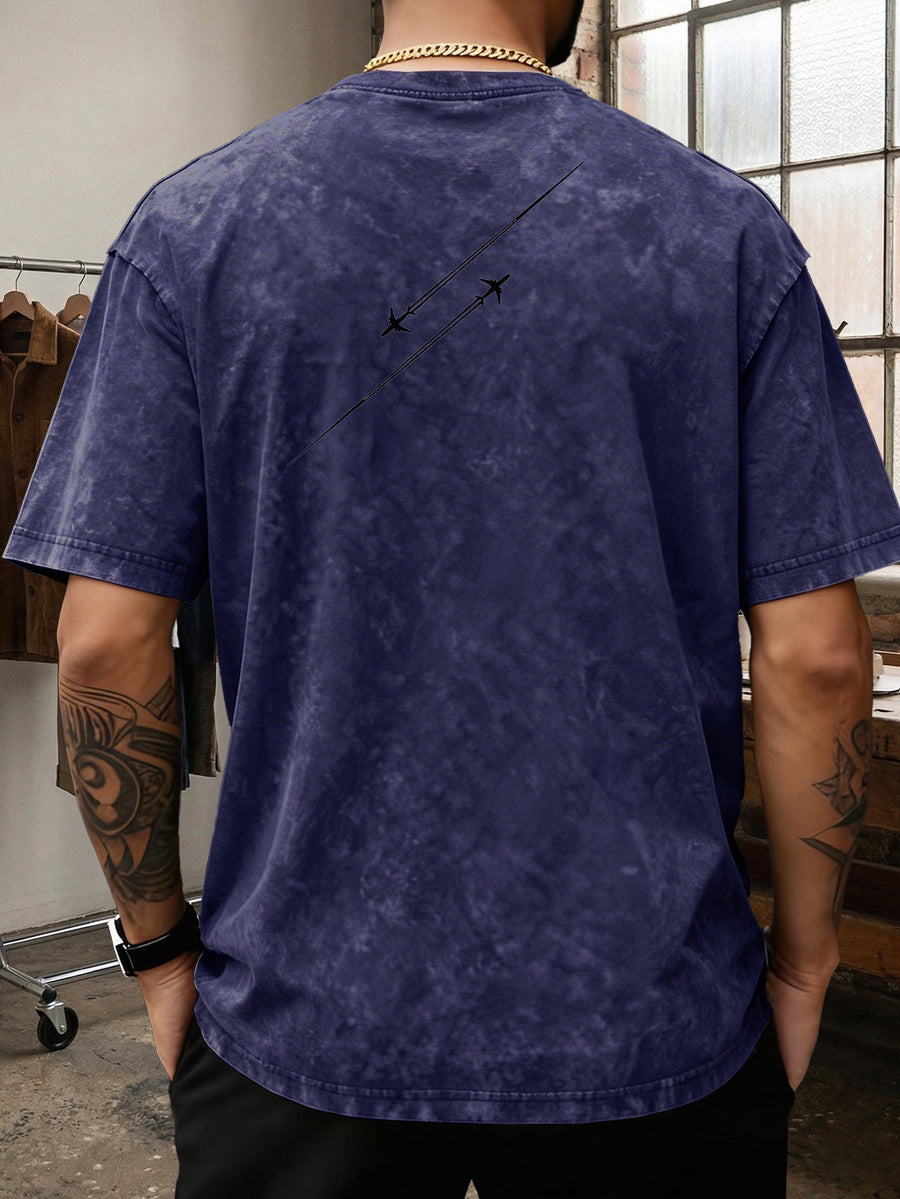 Men'S Heavyweight Washed T-Shirt Minimalist Airplane Line Art Print High Street Vintage Distressed Tee 2026 Summer Casual Urban Wear - Royal Blue