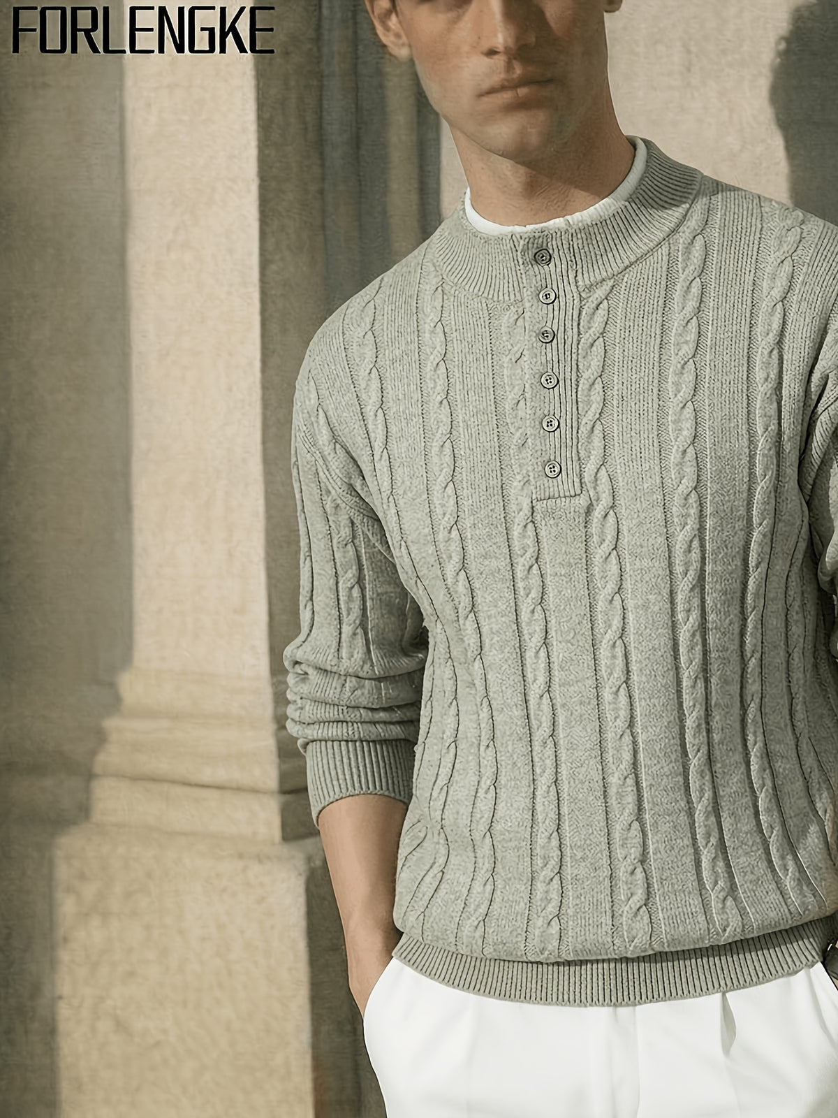 FORLENGKE 2026 New Men's Business Casual Crew Neck Cable Knit Sweater, Soft Warm Long Sleeve Pullover for Fall Winter Office Daily Wear - Apricot Flower