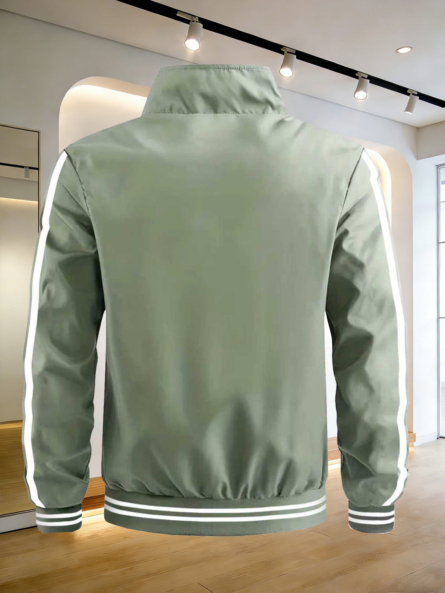 Men's Spring/Autumn Stand Collar Baseball Jacket with "BLACK" Lettering and Diamond Pattern Print, Zipper Front with Contrast Stripes, Lightweight Casual Windproof Sports Jacket - Light Green