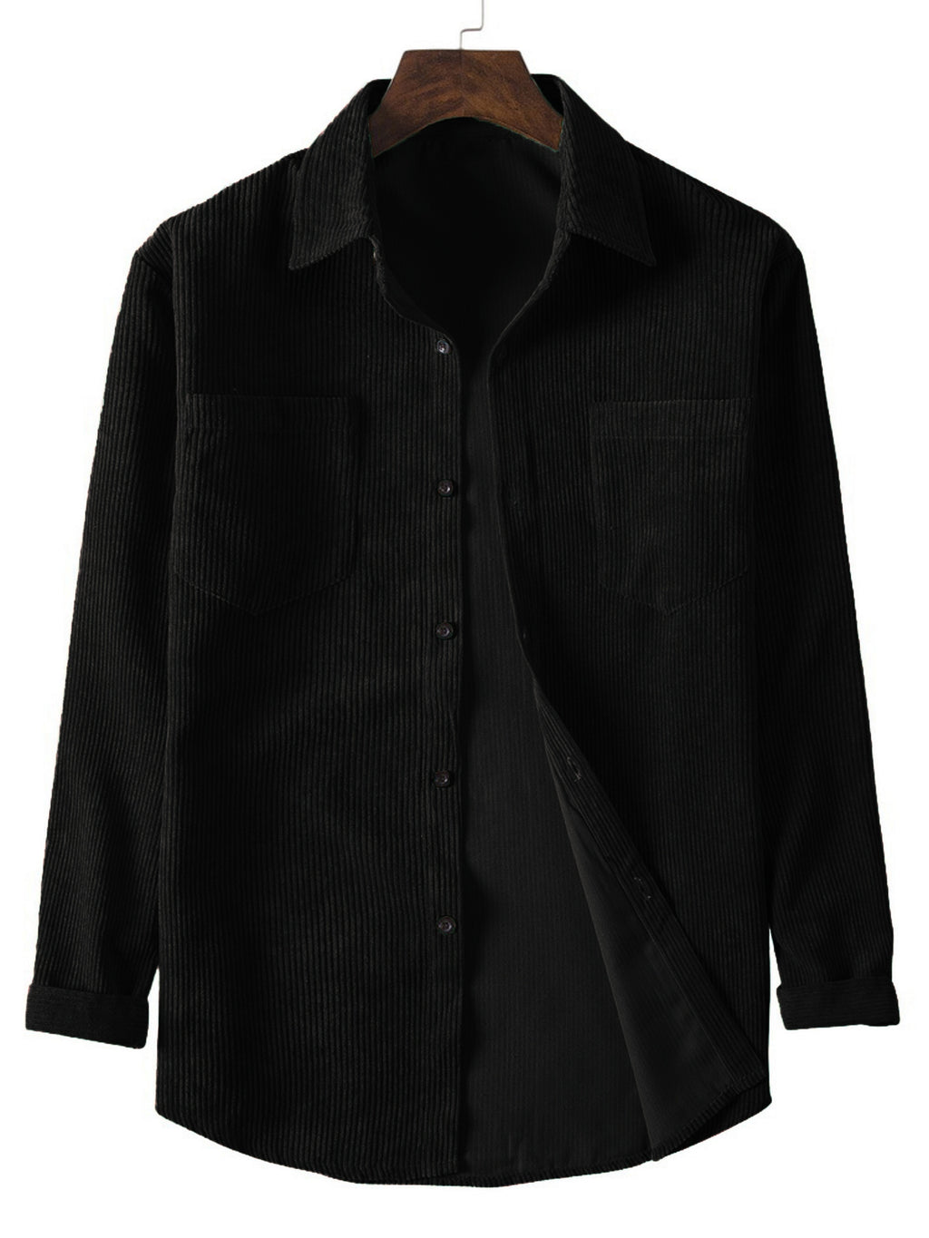 A Two-Piece Set for Men Featuring a Corduroy Button-Up Cardigan with Two Chest Pockets, a Stylish Solid Color Striped Shirt, And Men'S Apparel - Black and Dark Teal Two-piece Set