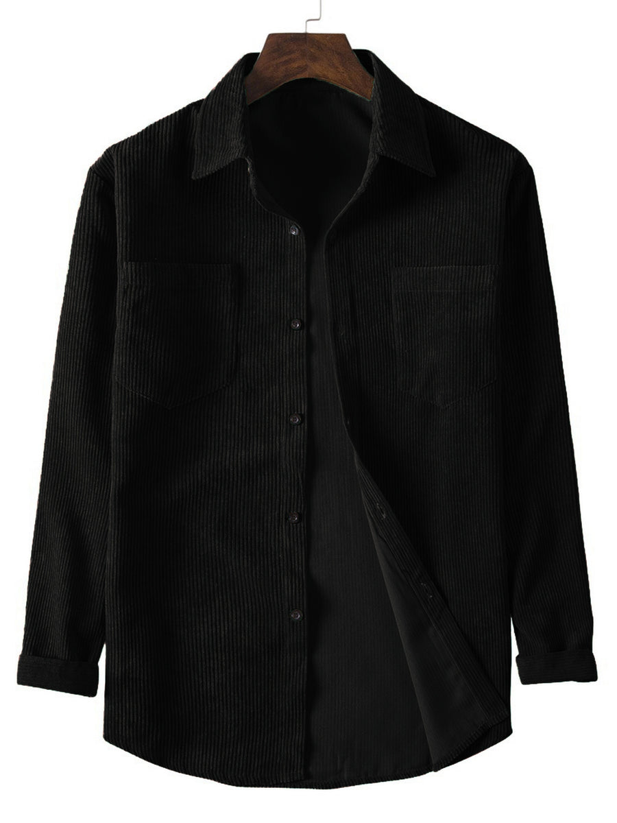 A Two-Piece Set for Men Featuring a Corduroy Button-Up Cardigan with Two Chest Pockets, a Stylish Solid Color Striped Shirt, And Men'S Apparel - Black and Dark Teal Two-piece Set