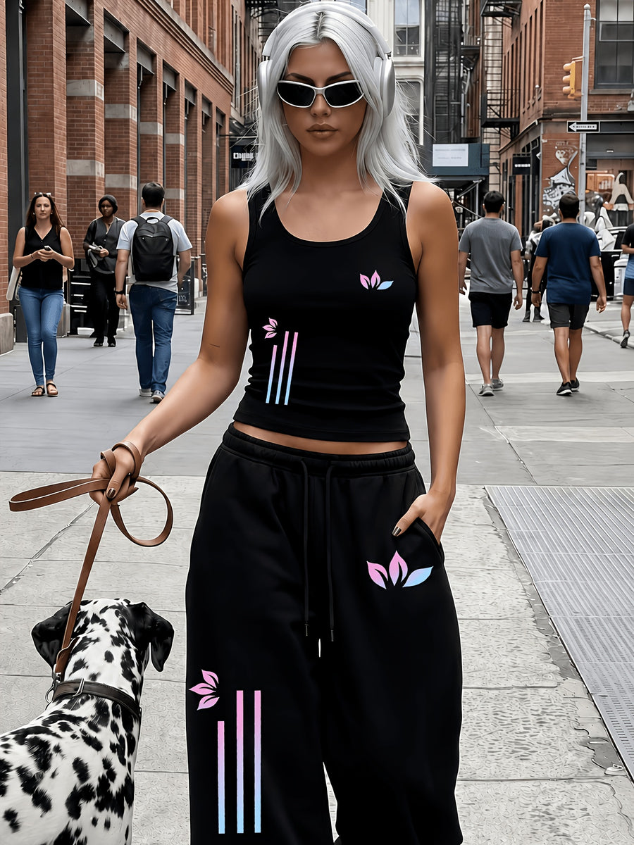 Western Street Style Black Sleeveless Vest Wide-Leg Pants Two-Piece Set Women'S Summer Casual Athletic Outfit Loose High-Waist Long Pants Set - Mixed colors