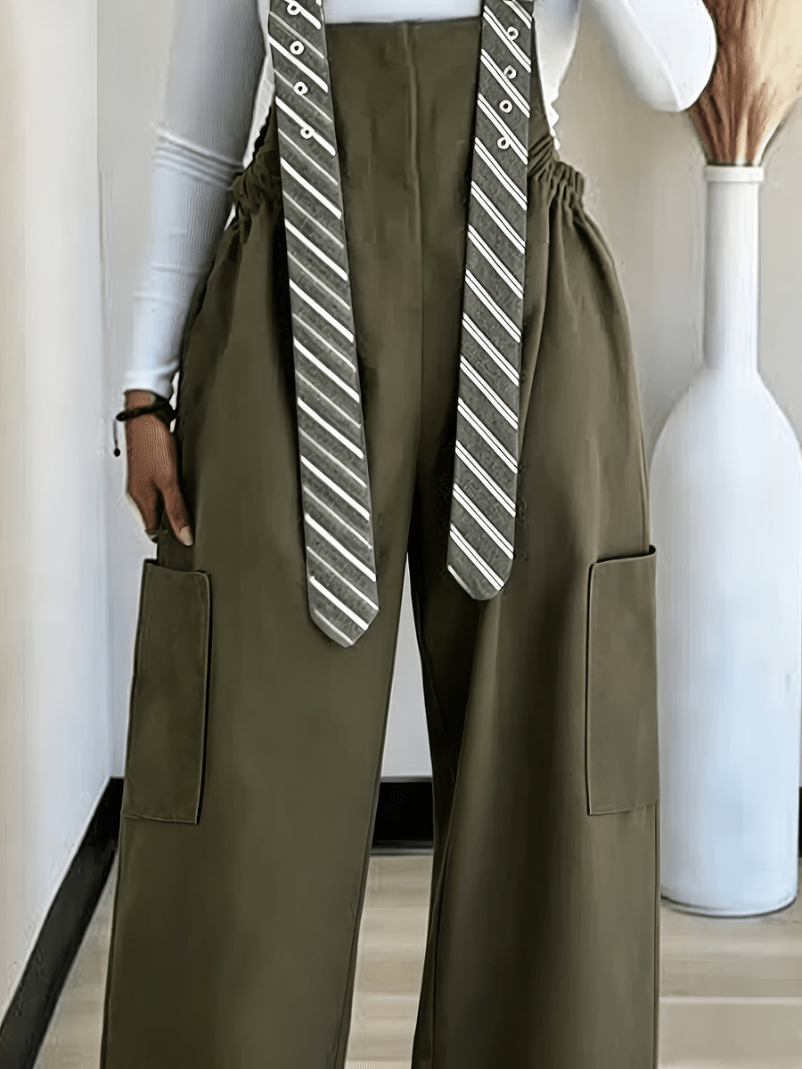 2026 New Women'S Loose Strappy Wide-Leg Pants, Age-Reducing, Versatile Casual Jumpsuit, Casual Striped Jumpsuit/Apron Pants - Olive Green