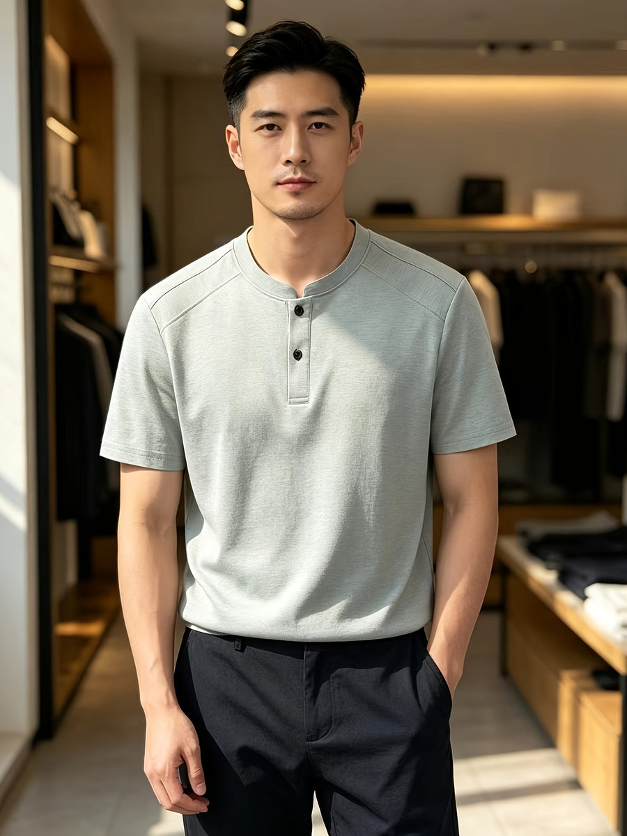 Men'S Solid Black Split Shoulder Mandarin Henley Collar Short Sleeve Top, Summer Office Daily Commute Golf City Street Outfit, Stretch Wrinkle Resistant Cooling Breathable 2-Button Tee, Middle-Aged Gentleman Business Casual Outfit, Minimalist Stand - Water Blue
