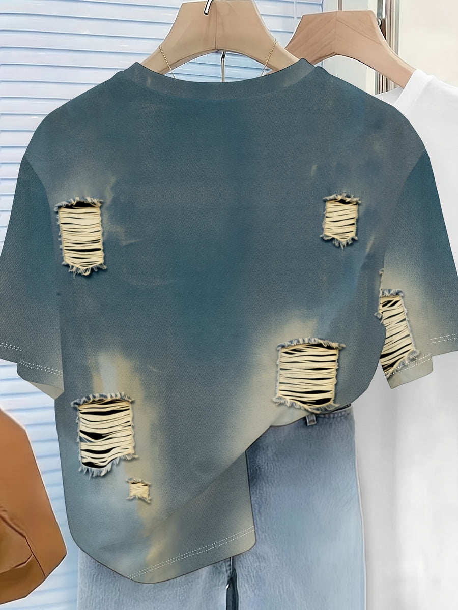 Trendy Imitation Ripped Print Design Women'S Short-Sleeved T-Shirt Fashionable All-Match Personalized Print Top Loose And Comfortable Daily Wear Street Style Casual Wear Summer New Women'S Clothing Slim Fit - Mixed colors