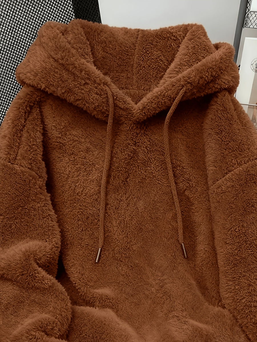 Item No.: WY260615083 Women's Autumn/Winter Loose Fit Hooded Sweatshirt, Soft and Warm Faux Hoodie, Suitable for Daily Work, Commuting, Dating, and Home Wear - Dark Brown