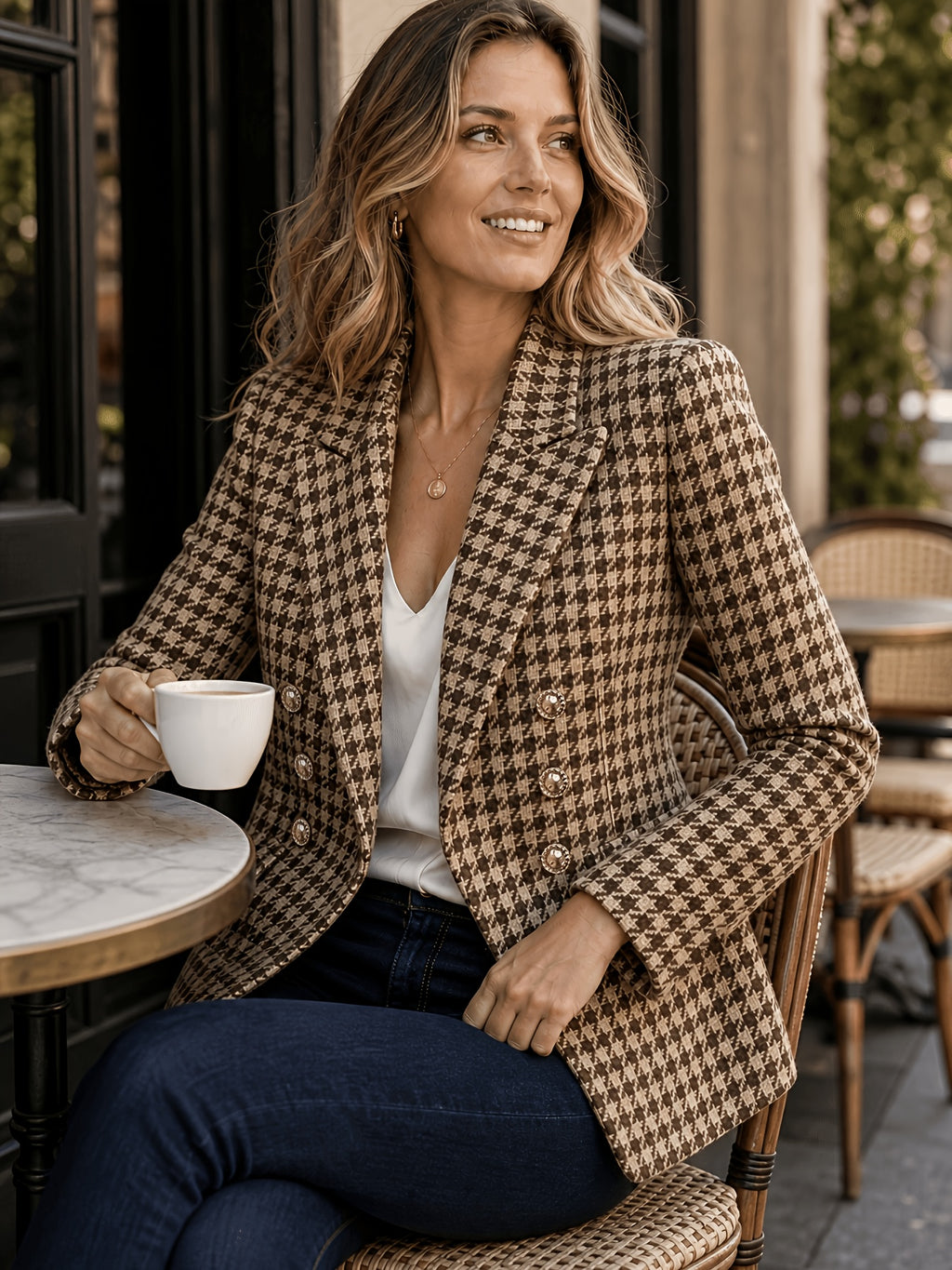 Autumn Winter New Style Exquisite Retro Houndstooth Suit Jacket Double-Breasted Long Sleeve Casual Versatile Top Suitable for Daily Office Street Wear with Lining And Pockets - Coffee Color
