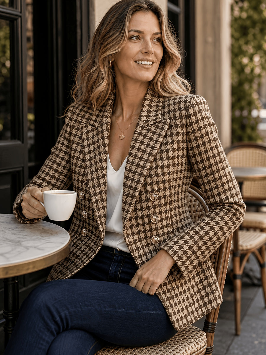 Autumn Winter New Style Exquisite Retro Houndstooth Suit Jacket Double-Breasted Long Sleeve Casual Versatile Top Suitable for Daily Office Street Wear with Lining And Pockets - Coffee Color