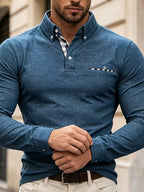 EnglishContrast Pocket Long Sleeve Collared Polo Stretch Slim Fit Business Casual Men T Shirt - Peacock Blue