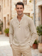 Men'S Pure Casual Long Sleeve Henley Shirt Linen Texture Old Money Style Solid Color Button-Up Top Spring Fall Moisture-Wicking Breathable Comfortable Long Sleeve T-Shirt - Khaki
