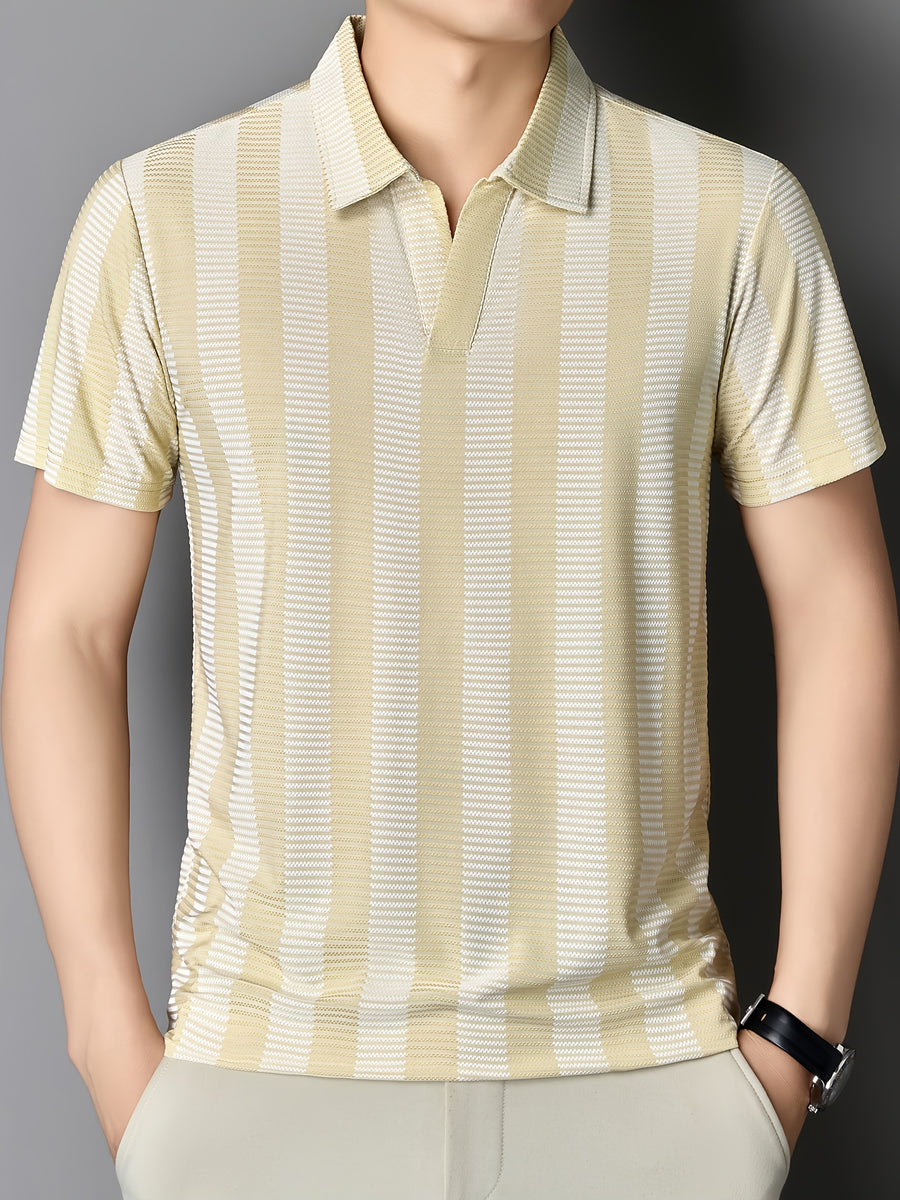[Sleek Awakening OBM] Spring/Summer New Men'S Polo Shirt, Old Money Style Knit Jacquard Striped Contrast Half-Button Placket Cutaway Collar Short Sleeve T-Shirt for Men, Fashionable And Versatile Pullover Base Layer Top - Apricot
