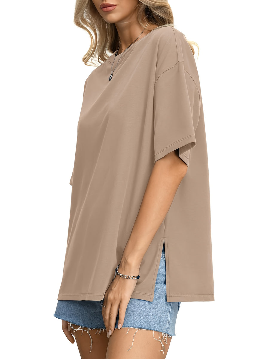 Oversized Women's Comfortable Basic Shirt with Round Neck, Casual Side Slit Top, Fashionable Loose Fit Short Sleeve T-Shirt - Khaki