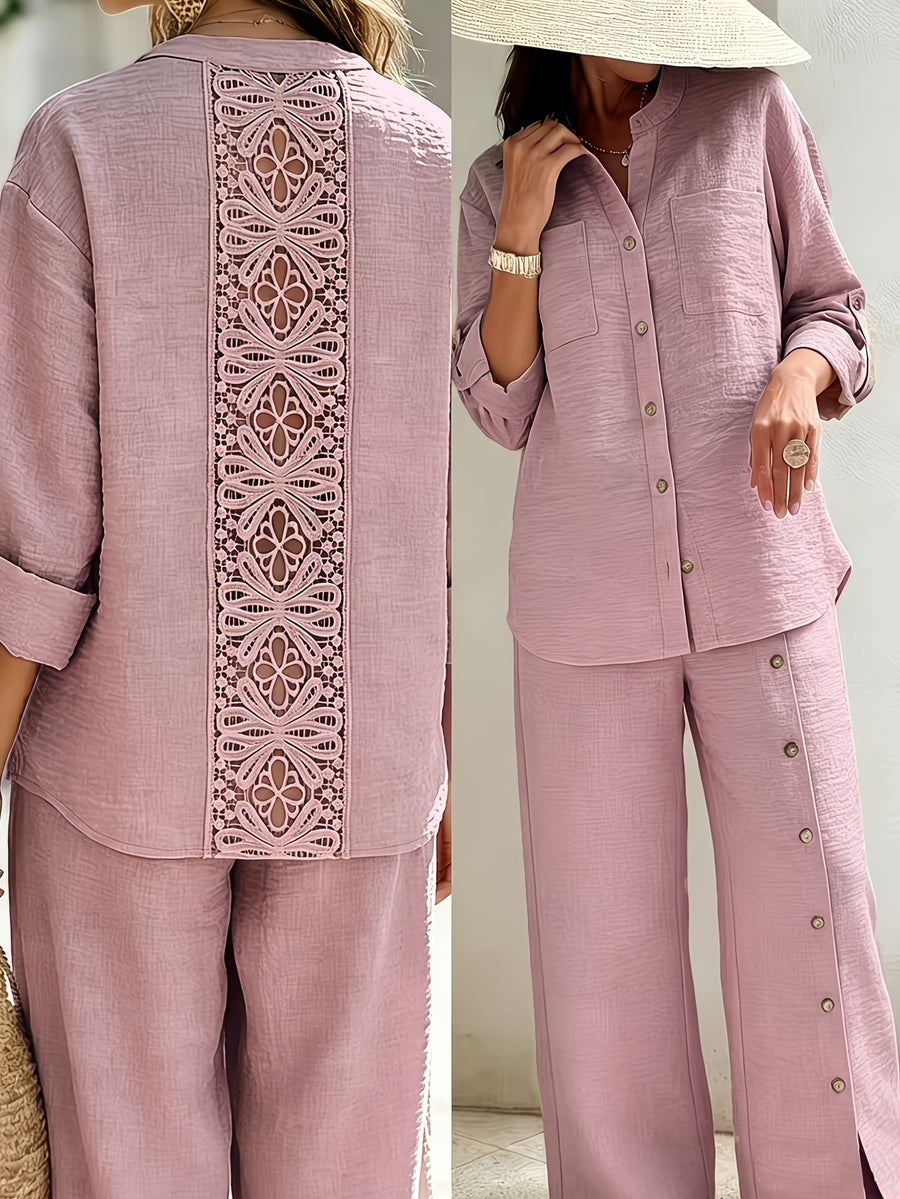 Spring/Summer Loose-Fit Shirt and Wide-Leg Pants 2pcs Set for Women, with Lace Cut-Out Back Design, a Lazy, Casual, and Commuter-Friendly Temperament Set 2A11794 - Pink Color