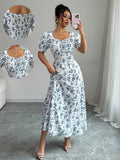 Oil Painting Style Blue White Floral Dress New Square Neck Drawstring Puff Sleeve European Country Pastoral Style Outfit Gentle Atmosphere Women'S Dress - Blue And White