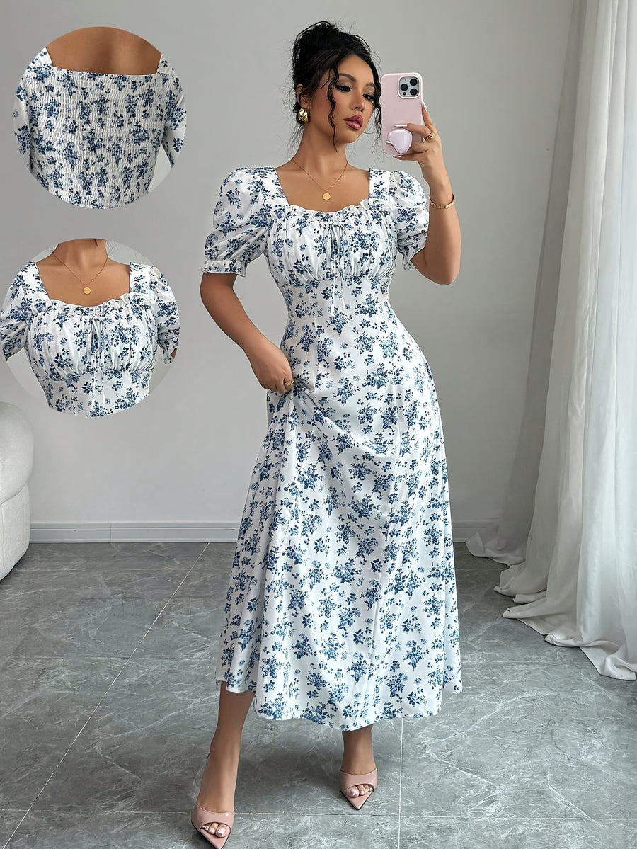 Oil Painting Style Blue White Floral Dress New Square Neck Drawstring Puff Sleeve European Country Pastoral Style Outfit Gentle Atmosphere Women'S Dress - Blue And White