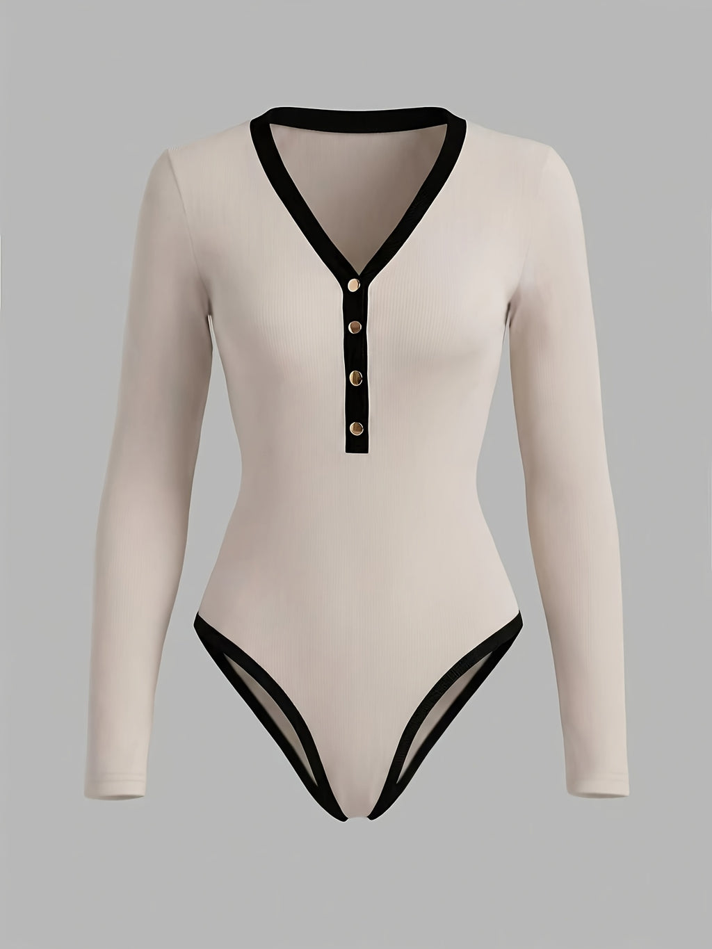Women'S Stretch Color-Block V-Neck Button-Up Long Sleeve Casual Jumpsuit (Single Piece) - Apricot