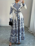 Retro Ethnic Style Long-Sleeve Printed Dress with Ties, Featuring an Elegant Long Design - Blue