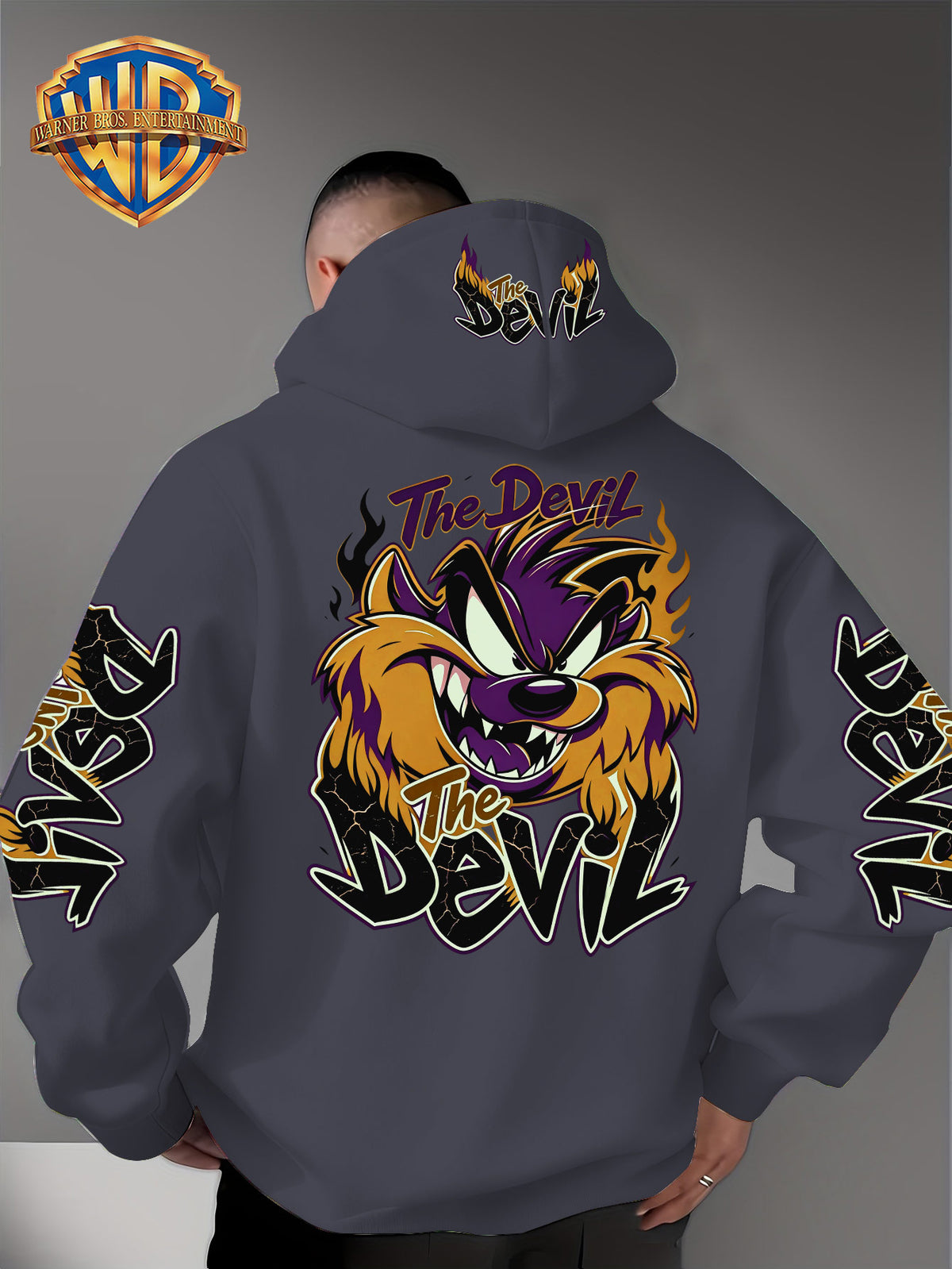 Le Yitong Big Mouth Monster The Devil Flame Print Hooded Sweatshirt, with Sleeve Print Design, Kangaroo Pouch And Drawstring Hood, Suitable for Autumn/Winter Casual Wear And Outdoor Activities - Dark Gray