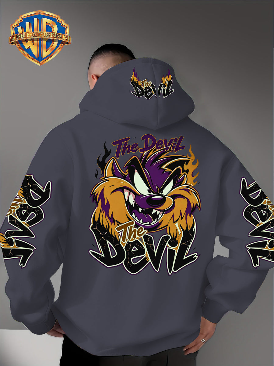 Le Yitong Big Mouth Monster The Devil Flame Print Hooded Sweatshirt, with Sleeve Print Design, Kangaroo Pouch And Drawstring Hood, Suitable for Autumn/Winter Casual Wear And Outdoor Activities - Dark Gray