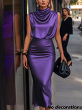 Women's New Summer Clothing, Solid Color Satin Skirt Set, Flounce Neckline Back Button Sleeveless Top & Zipper Slim-Fit Skirt 2pcs Set, Elegant for Parties, Suitable for Vacations, Balls, Outings, Gatherings, Dinners, Parties, Social Events - Purple