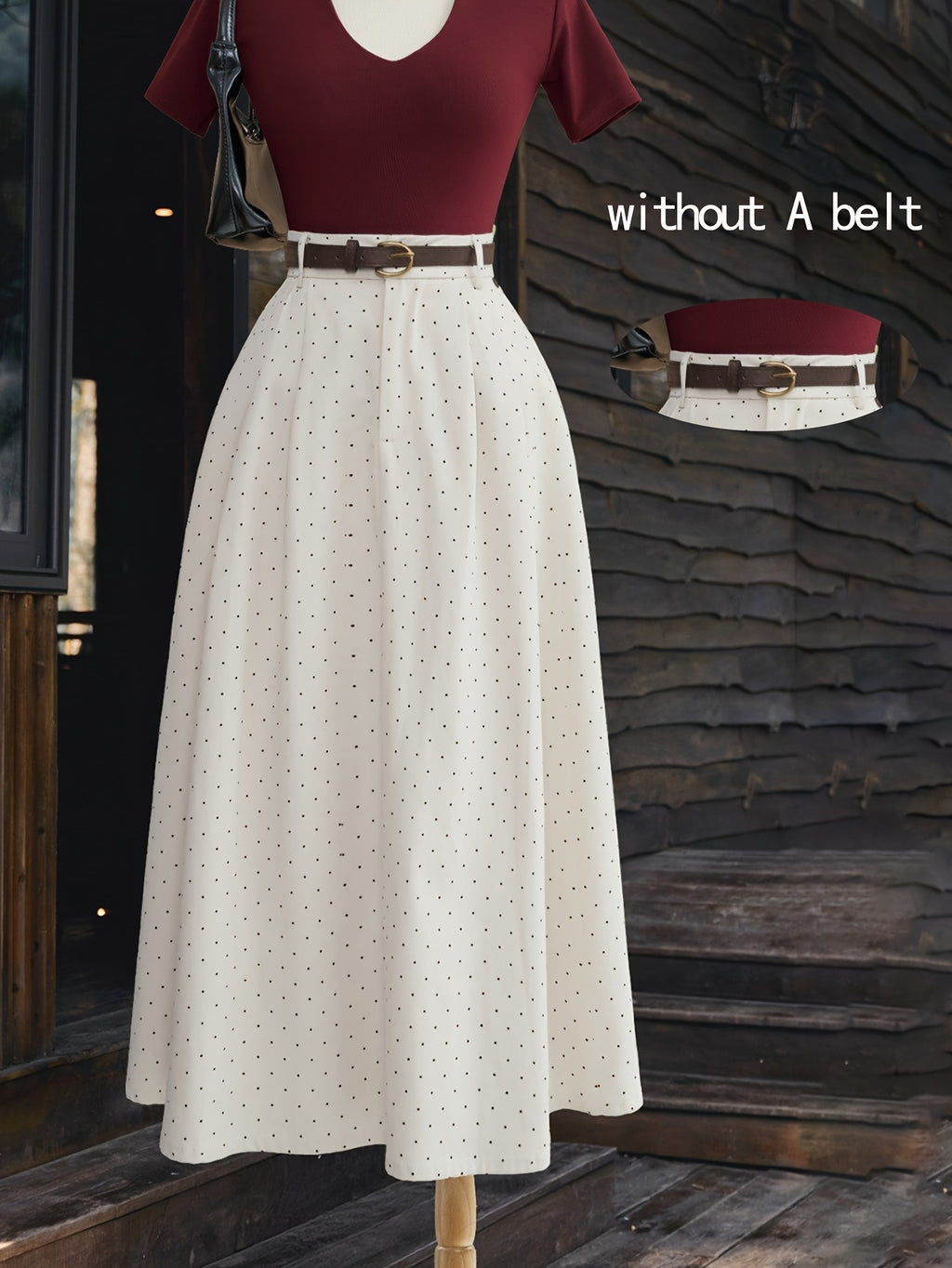 ZLLZ Women'S Polka Dot Printed Elastic Waist Casual A-Line Skirt | Spring/Fall Season, Belt Not Included - apricot black
