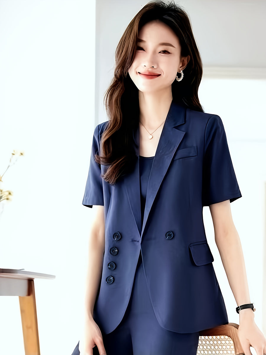 Summer Blazer with Double-Breasted Button Design, Korean-Style Elegant Look, Breathable Chiffon Fabric, and Figure-Flattering, Versatile Top for Commuting and Dating - Navy Color