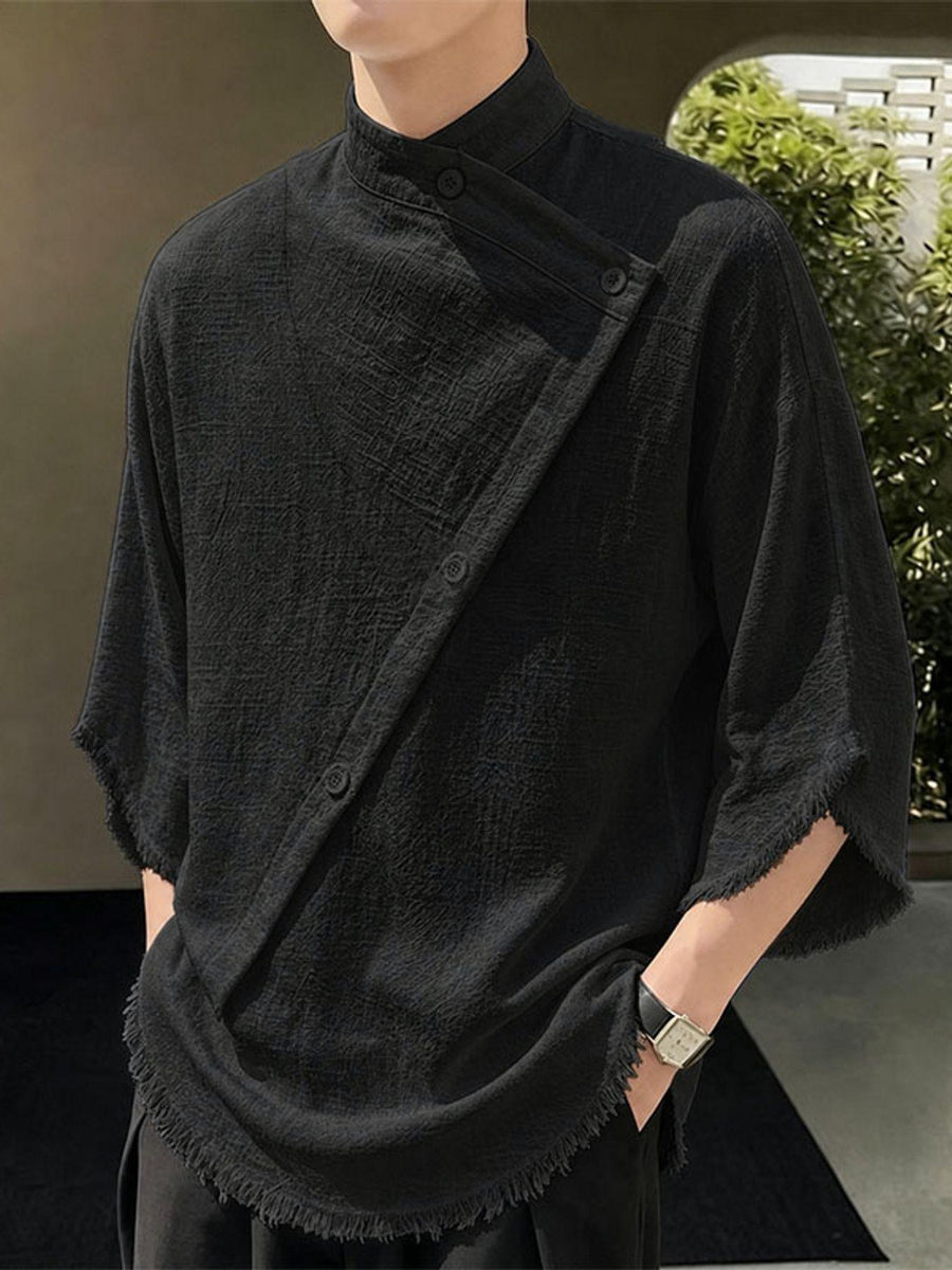 Men Leisure Tops Tassel Decor Stand Collar Half Sleeve Loose Thin Outdoor Street Summer Casual Shirt - Black