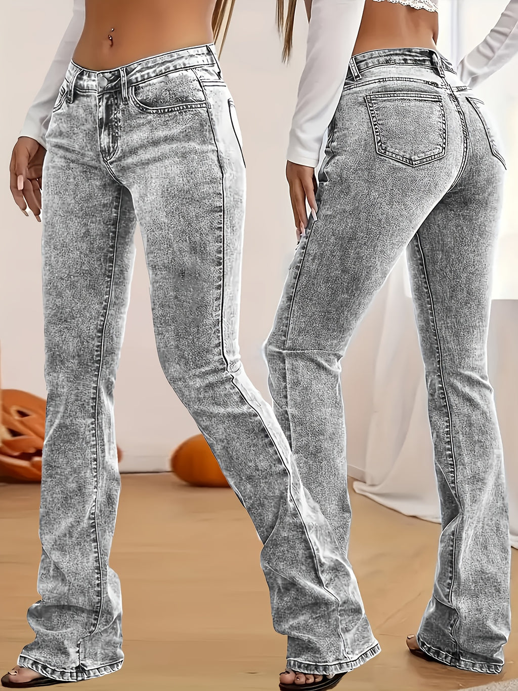 Mid-Low Waist Stretch Flared Jeans Women'S American Vintage Snowflake Washed Gray Slim Fit Stretch Flared Trousers Leg-Lengthening -Lifting Spicy Street Style Casual Outing Denim Trousers - Grey