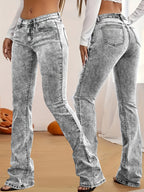 Mid-Low Waist Stretch Flared Jeans Women'S American Vintage Snowflake Washed Gray Slim Fit Stretch Flared Trousers Leg-Lengthening -Lifting Spicy Street Style Casual Outing Denim Trousers - Grey