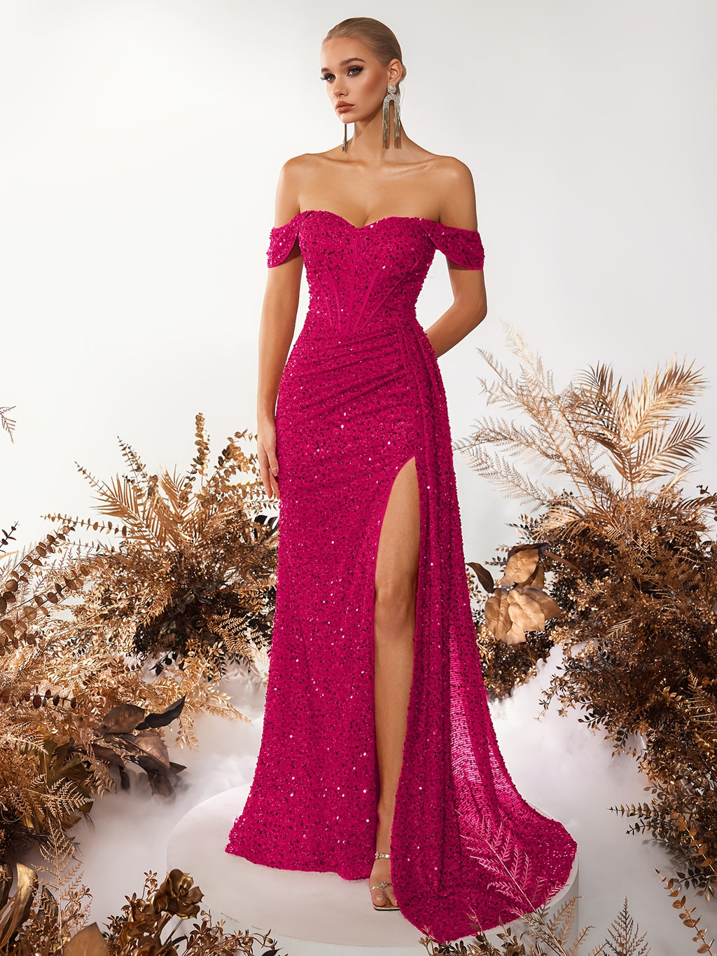 Sequined Henley Neckbone Pleated Waist Long Scarf Front Slit Backless Prom Party Dress - Rose Red
