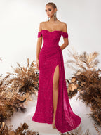Sequined Henley Neckbone Pleated Waist Long Scarf Front Slit Backless Prom Party Dress - Rose Red