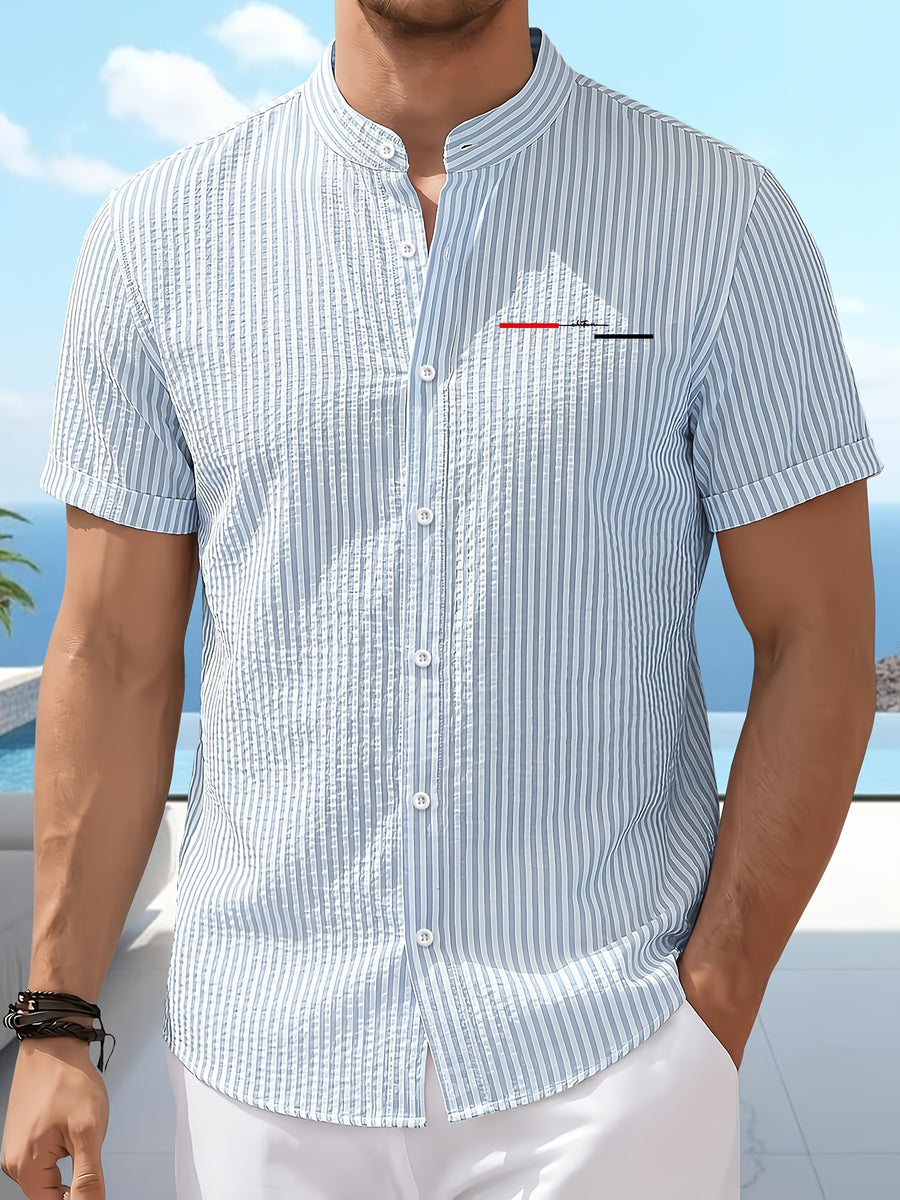 Men's New Style Short-sleeve Shirt with Unique Striped Design and Letter Pattern Print. Made of Lightweight, Breathable Summer Fabric with a Classic Small Stand-up Collar. A Versatile Top for Daily Wear, Commuting, Parties, and Casual Outings. - Light Blue