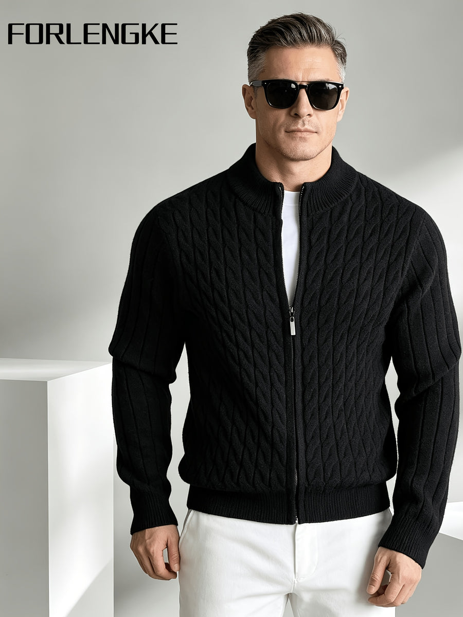 FORLENGKE Men'S Business Casual Stand Collar Cable Knit Cardigan, Soft Warm Textured Long Sleeve Sweater Jacket for Fall Winter Office Daily Wear - Black