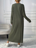 Chic + Long Sleeve Knitted Cardigan and Sleeveless Dress Set - Olive Green