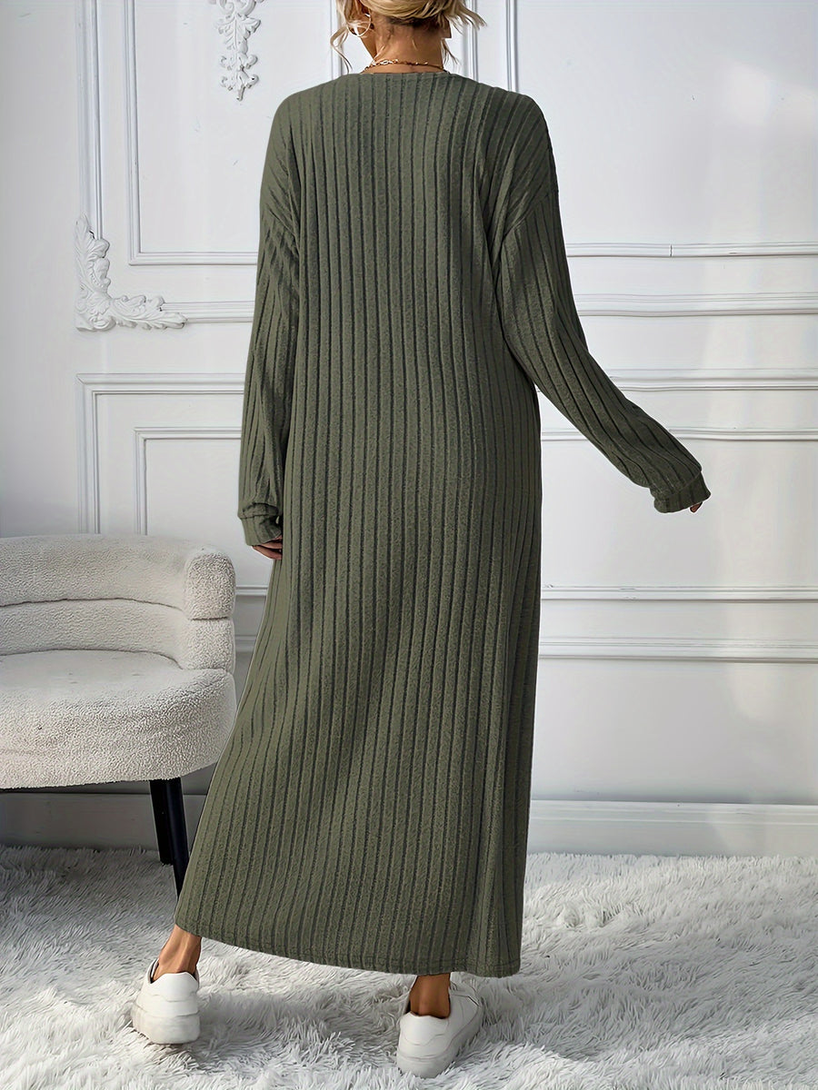 Chic + Long Sleeve Knitted Cardigan and Sleeveless Dress Set - Olive Green