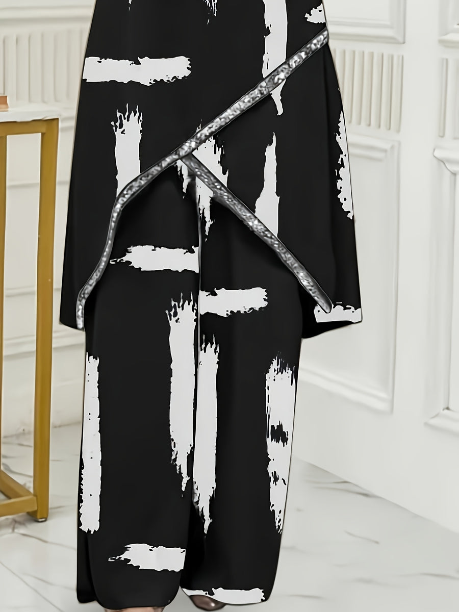 Women'S Elegant Shirt Wide-Leg Pants Set, with Beaded Necklace, Long-Sleeved Design, Loose Trouser Legs, Suitable for Formal Occasions, Suitable for All 4 Seasons, Formal Wear, Elegant Abaya, Fiber Fabric - Black Strips
