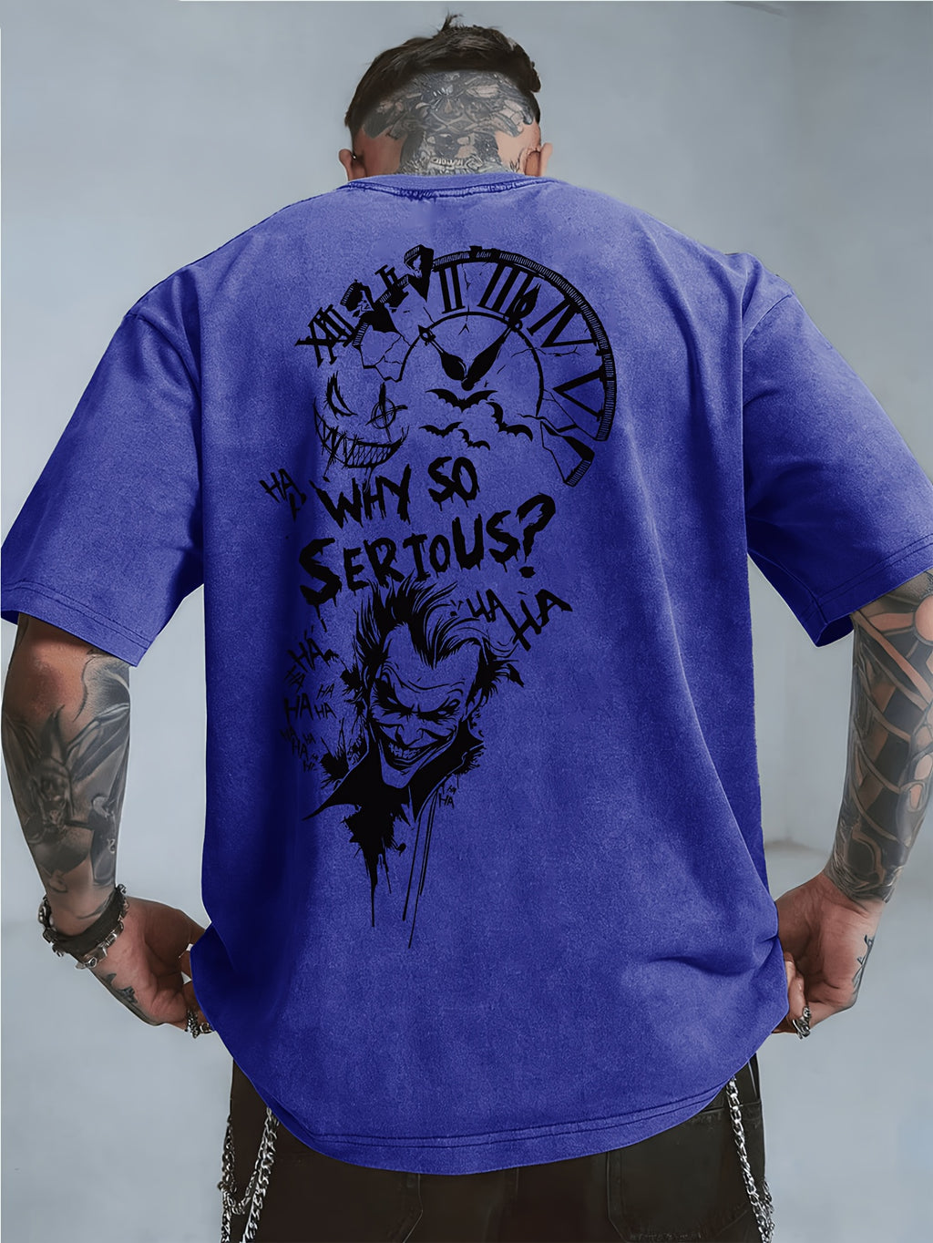 Licensed by WB Warner, Men'S Retro Old 100% Washed Crew Neck T-Shirt, DC Batman Joker Why So Serious Sketch Graffiti Design, Loose Version, Men'S Casual Versatile Loose T-Shirt, Suitable for Daily Wear Outdoor Sports - Royal Blue
