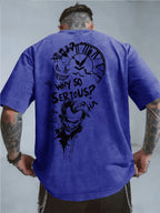 Licensed by WB Warner, Men'S Retro Old 100% Washed Crew Neck T-Shirt, DC Batman Joker Why So Serious Sketch Graffiti Design, Loose Version, Men'S Casual Versatile Loose T-Shirt, Suitable for Daily Wear Outdoor Sports - Royal Blue