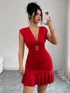 Early Spring/Summer Fashion: A Sensual, Elegant, and Stylish Red Look. Design Elements Include: a Deep V-neck, Pleating, a Double-layered Construction, and a Square Buckle Embellished with Rhinestones. - Red