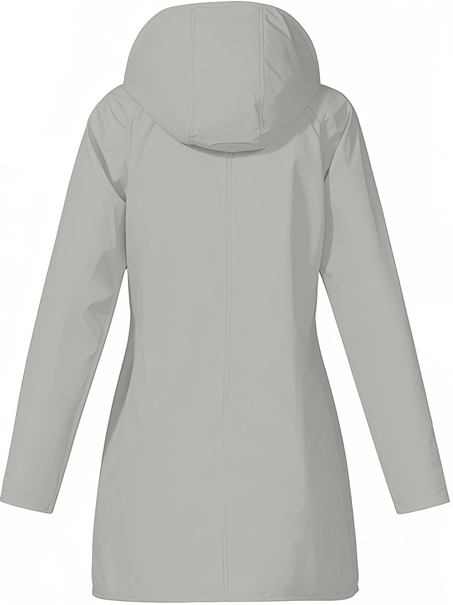 Women'S Hooded Outdoor Pocket Zipper Casual Mid-Length Trench Coat - Light Grey