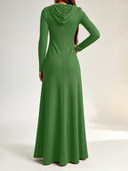 Plus Size - Western Plus Size Women'S Ribbed Hooded Long Dress, Half-Open Zipper Long Sleeve Fitted Flared Casual Floor-Length Skirt - Green