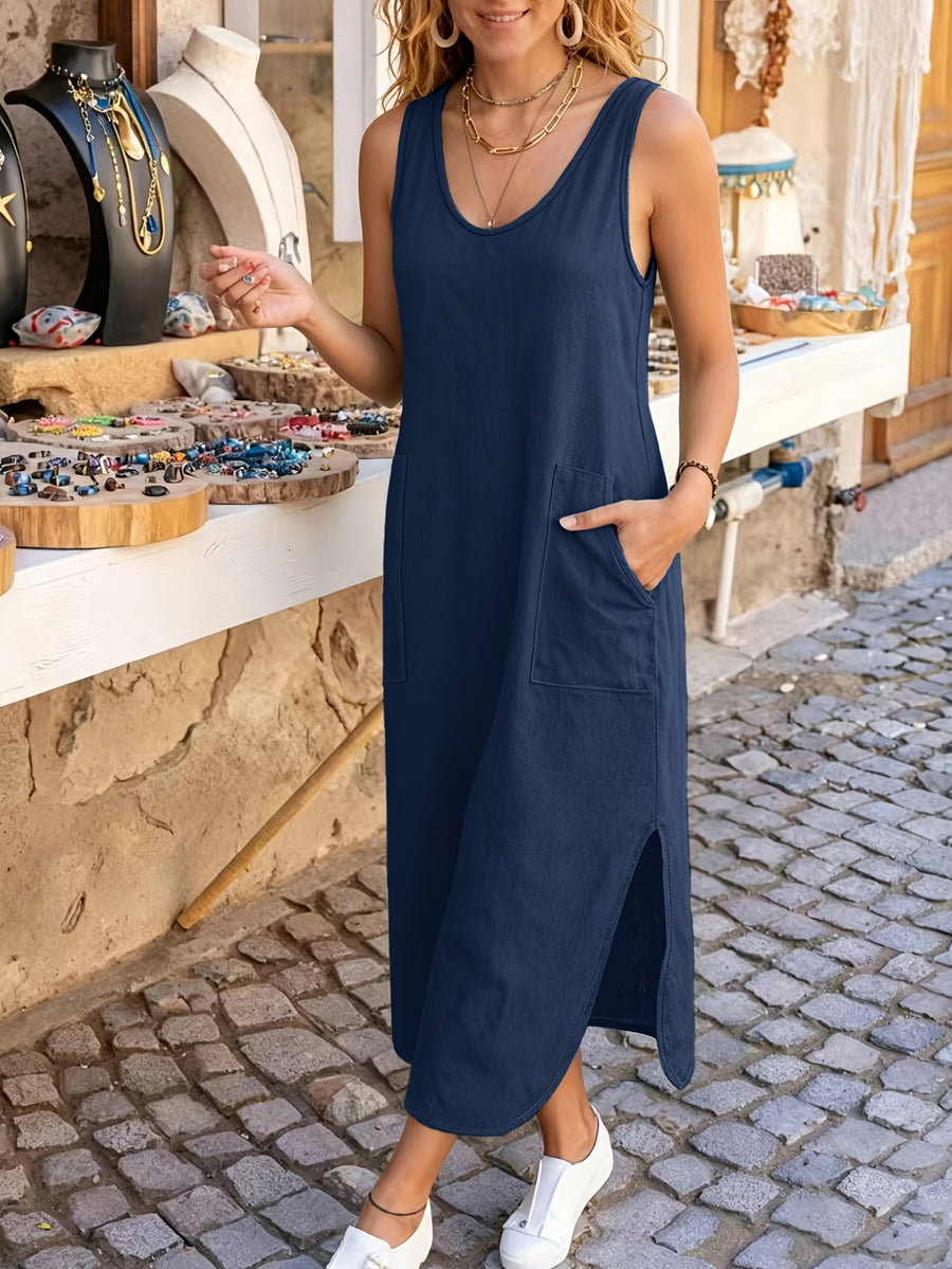 Sleeveless Casual Dress | Crew Neck, Solid Color, Split Detail, Fitted, Spring/Fall, Brand: Amnfuil - Navy Color