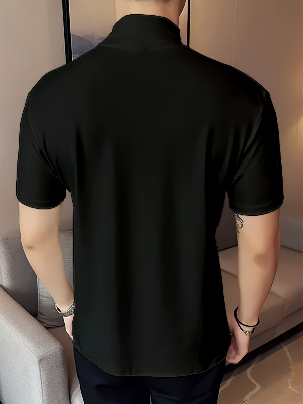 Fashionable and trendy Instagram-style minimalist creative solid color Men's short-sleeve turtleneck for sports, fitness, running, training, and casual wear - Black Short High Bull Head
