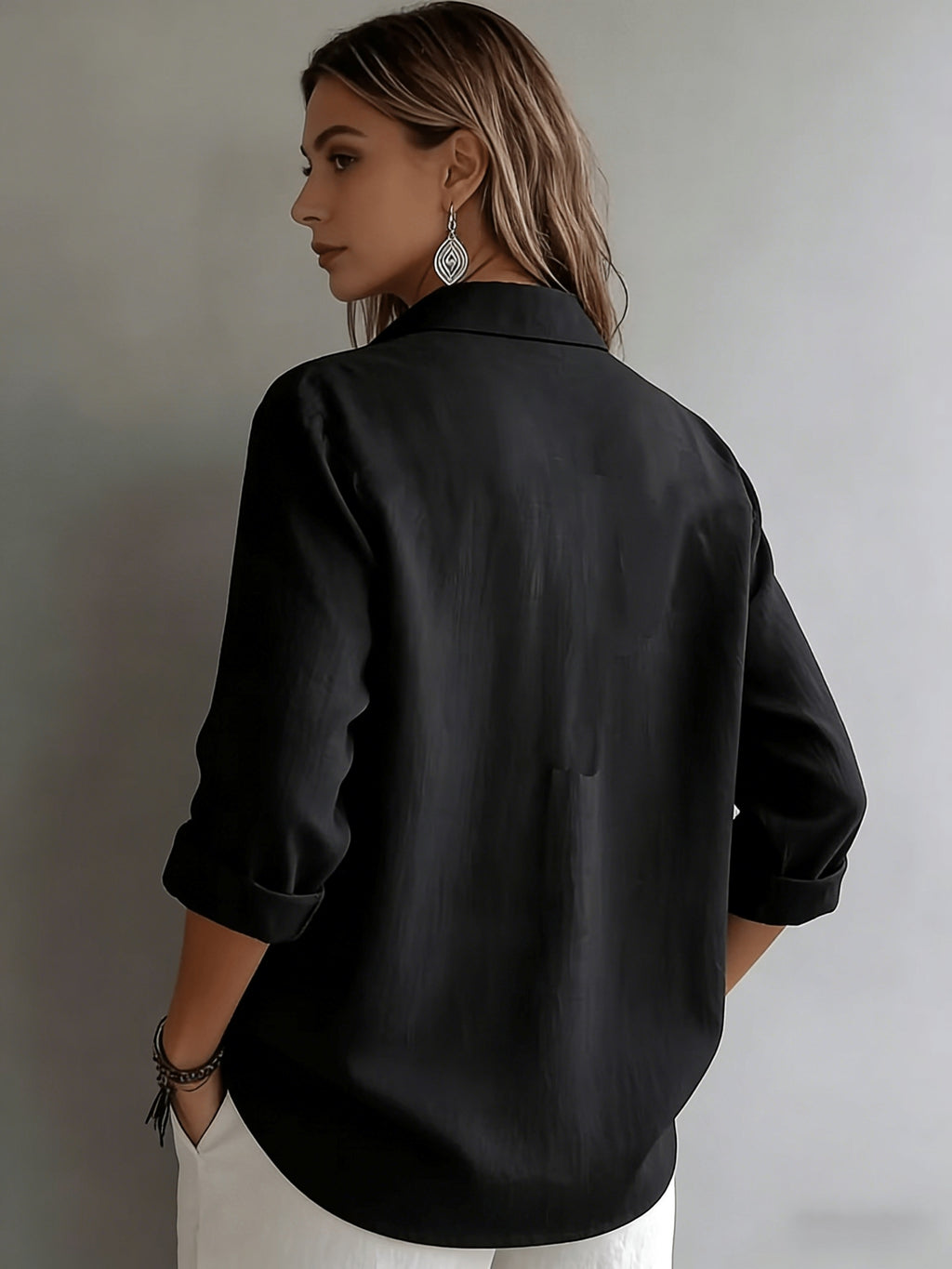 BK260503047 Women'S Solid Color Shirt, Easy to Dry And Soft Texture, Elegant And, Commute Layering Versatile Shirt - Black